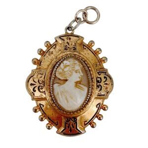 Antique Victorian Gold-Plated Shell Cameo Locket Pendant - 1880-1910 Vintage